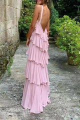 A Line Straps Tiered Chiffon Floor Length Long Prom Dress Pink Bridesmaid Dress