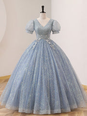 Quinceanera Dress V Neck Tulle Sequin Gray Blue Long Prom Dress Gray Blue Formal Sweet Dress