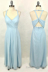 Halter Light Blue Chiffon A-line Long Bridesmaid Dress