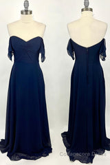 Knot Off the Shoulder Navy Blue Chiffon Long Bridesmaid Dress