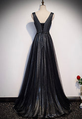 Black V-Neck Tulle Long Prom Dresses, A-Line Evening Dresses