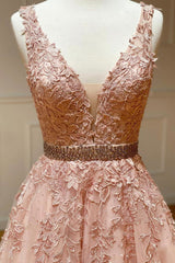 Pink V-Neck Lace Long Prom Dresses, A-Line Tulle Graduation Dresses