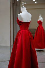 Red A-line Satin Scoop Long Prom Dress Party Dress, Red Satin Formal Dress