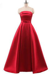 Red A Line Satin Strapless Prom Dress With Bow