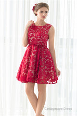 Red A-line Sleeveless Short Lace Homecoming Dresses