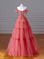 Red Aline Tulle Long Prom Dresses, Red Tulle Formal Graduation Dresses With Beading Sequin