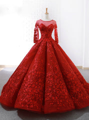 Red Ball Gown Long Sleeve Backless Appliques Wedding Dress