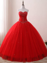 Red Ball Gown Tulle Sweetheart Neck Sweet 16 Dresss With Beading