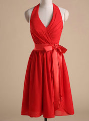 Red Chiffon Halter Homecoming Dress Cocktail Dresses Bow Accent Waist