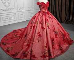 Red Flower  Off-the-Shoulder Quinceaera Dress