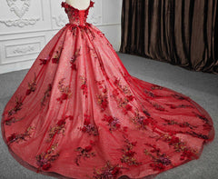 Red Flower  Off-the-Shoulder Quinceaera Dress