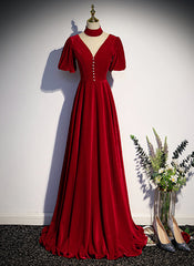 Red High Neckline Velvet Long Party Dress, Red Short Sleeves Velvet Prom Dress