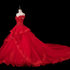 Red Lace and Tulle Gorgeous Off Shoulder Princess Sweet 16 Dress, Red Formal Gown