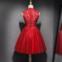 Red Lace High Neckline Tulle Short Homecoming Dress Party Dress, Red Formal Dresses