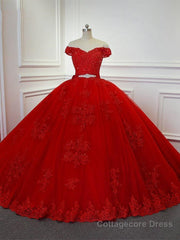 Red Long Princess Off the Shoulder Tulle Lace Wedding Dresses