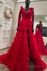 Red Long Prom Dress Princess A Line V Neck Party Evening Dress with Ruffles