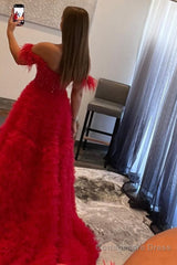 Red Off the Shoulder A-Line Princess Prom Dress