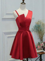 Red One Shoulder Satin Knee Length Homecoming Dress Party Dress, Short Prom Dress Formal Dress