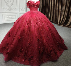 Red Quinceanera Dress Ball Gown Sequined Flowers