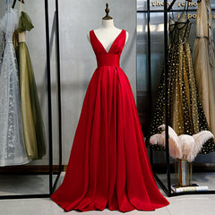 Red Satin Deep V-neckline Prom Gown, Red Floor Length Evening Gown