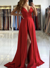 Red Satin Simple Long V-neckline Prom Dress Red A-line Floor Length Party Dress prom dresses shops