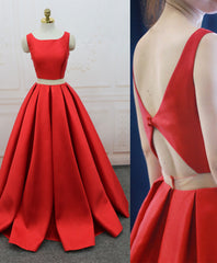 Red Satin Two Pieces Long Prom Dress Red Long Evening Dress