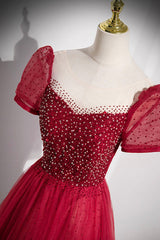 Red Scoop Neckline Tulle Formal Dress with Beaded, A-Line Short Sleeve Party Dress