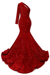 Red Sequins Mermaid Prom Dresses One Shoulder Evening Dresses Floor Length Wedding Party Gowns