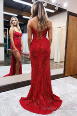 Red Spaghetti Straps Appliques Prom Dress with Slit