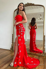 Red Strapless Mermaid Long Prom Dress with Stars