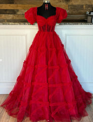 Red Tulle Long Prom Dress with Sheer Corset Bodice