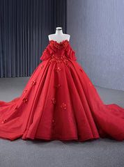 Red Tulle Strapless 3D Flower Prom Dress