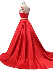 Red Two Pieces Satin Long Prom Dress, Red Satin Formal Evening Dress