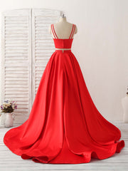 Red Two Pieces Satin Long Prom Dress Simple Red Evening Dress