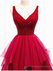 Red V Neck Long Prom Dresses with Corset Back, Red Floor Length Prom Gown, Evening Dresses