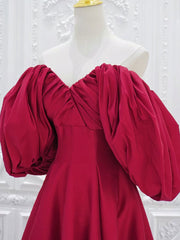 Red V Neck Satin Long Prom Dress, Red Puff Sleeves Satin Long Formal Dress