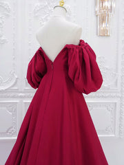 Red V Neck Satin Long Prom Dress, Red Puff Sleeves Satin Long Formal Dress