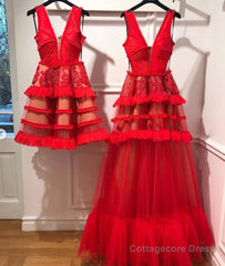 Red v neck tulle long prom dress, red tulle evening dress