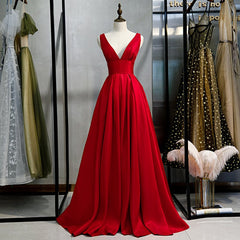 Red V-neckline Satin Floor Length Prom Dress Red Evening Gown prom dresses shops