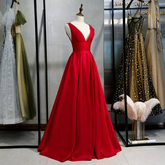 Red V-neckline Satin Floor Length Prom Dress Red Evening Gown prom dresses shops