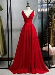 Red V-neckline Satin Floor Length Prom Dress Red Evening Gown prom dresses shops