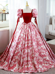 Red Velvet Puff Sleeve Square Quinceanera Dress