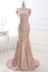 Rose Gold Sequins Long Bridesmaid Dress with Cowl Back