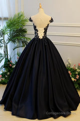 Round Neck Black Lace Floral Long Prom Dress, Black Lace Formal Dress with Appliques, Black Evening Dress