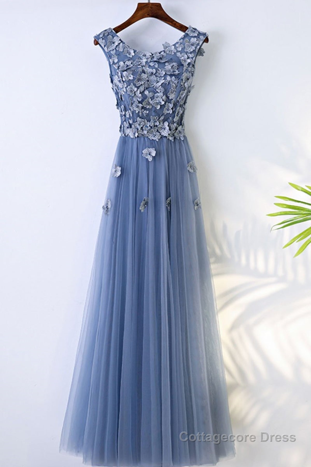 Round Neck Blue Lace Floral Long Prom Dresses, Blue Lace Long Formal Evening Dresses