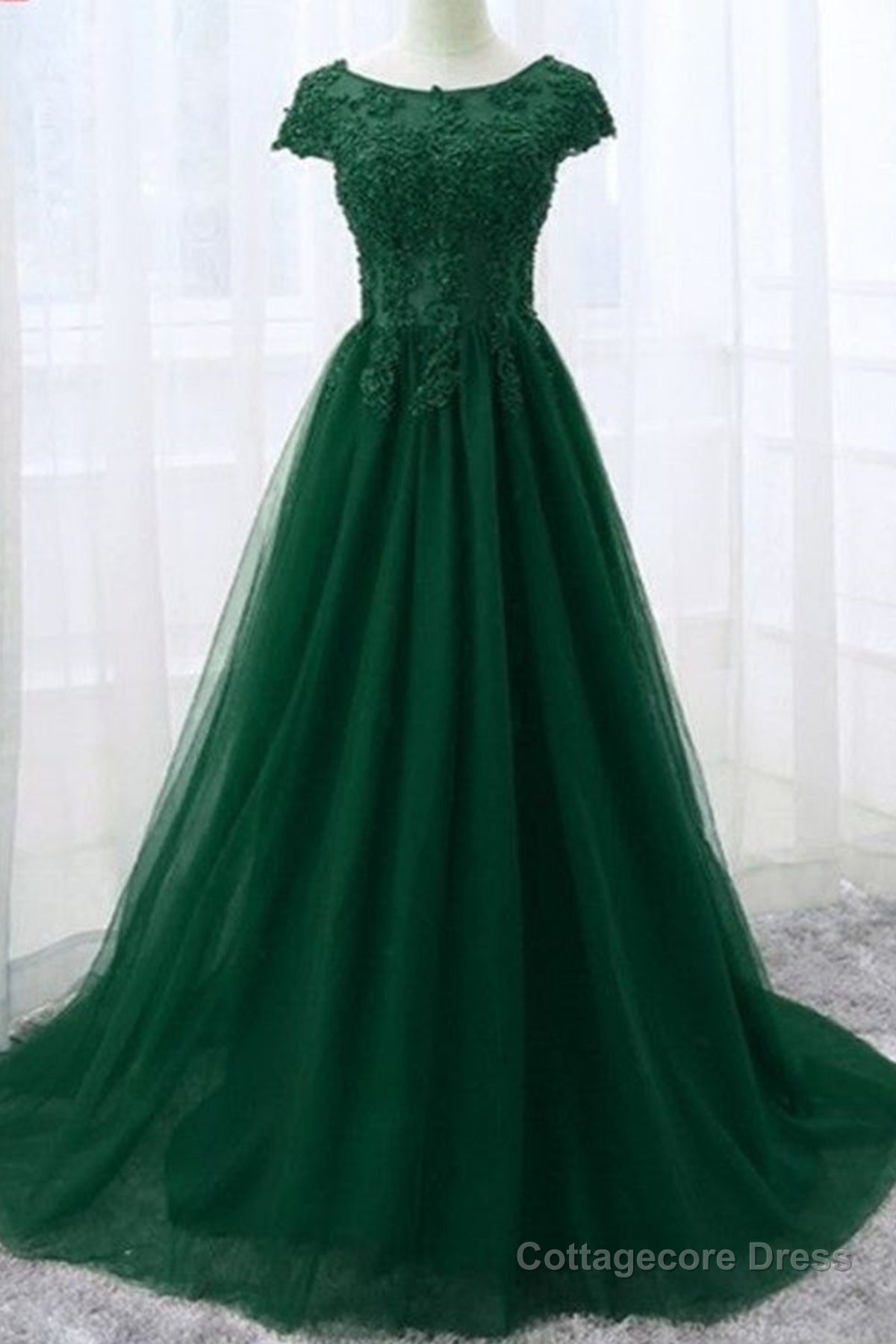 Round Neck Cap Sleeves Lace Long Prom Dresses,Tulle Lace Formal Evening Dresses