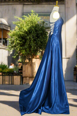 Royal Blue A-line V Neck Prom Dresses Spaghetti Straps Long/Floor-Length Charmeuse Fromal Dresses With Pleated