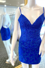 Royal Blue Applique Backless Mini Cocktail Dresses