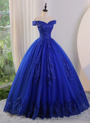 Royal Blue Ball Gown Tulle with Lace Applique Prom Dress,Royal Blue Sweetheart 16 Dress