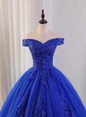 Royal Blue Ball Gown Tulle with Lace Applique Prom Dress,Royal Blue Sweetheart 16 Dress